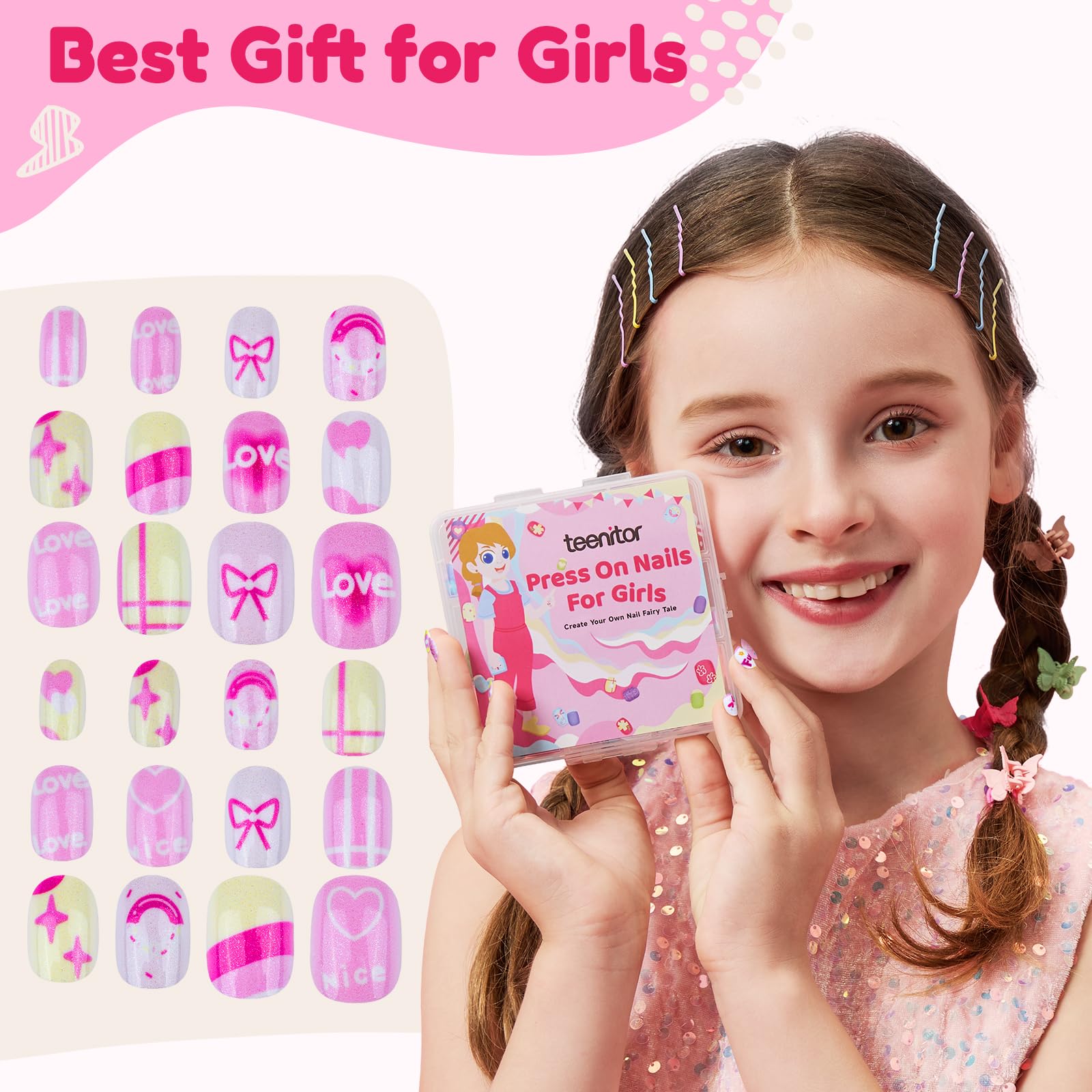Teenitor hands wearing nails demonstrating comfortable short-rounded shape for play