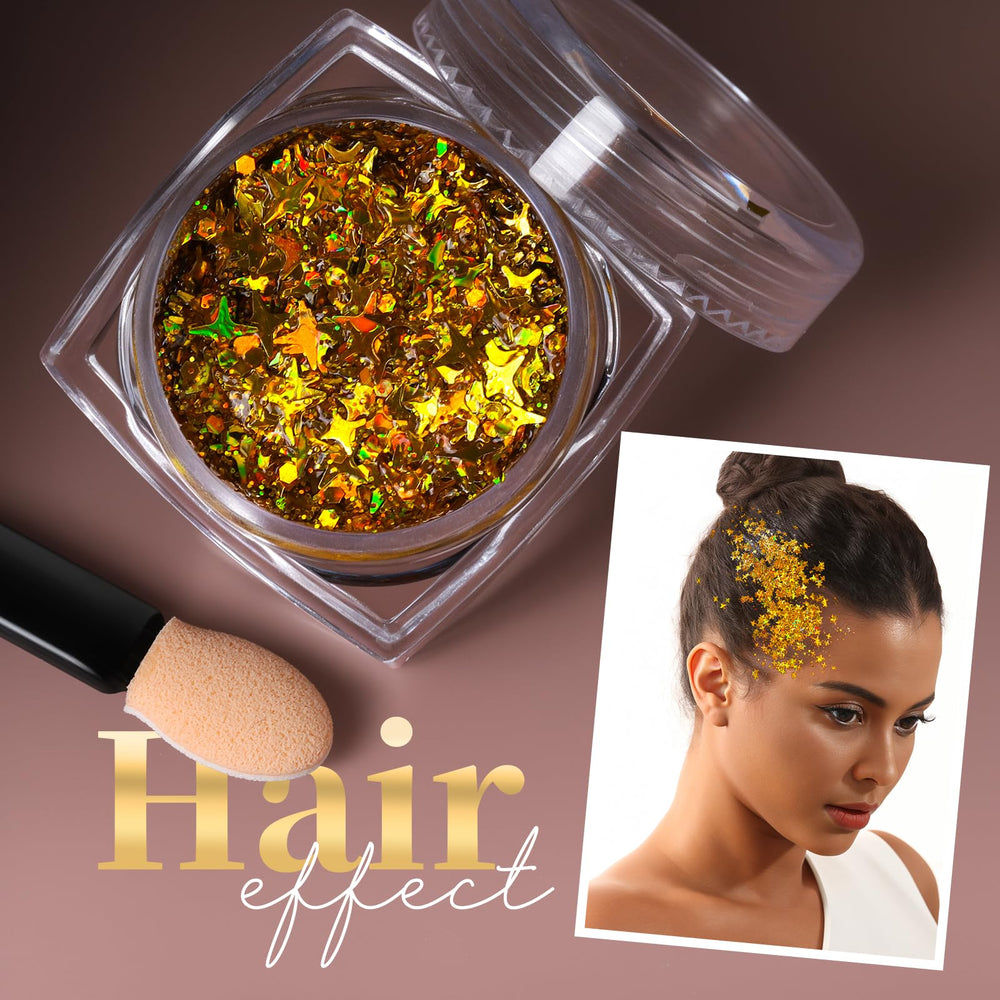 Teenitor detailed view of hexagons, stars and hearts glitter shapes offering bold, multi-dimensional sparkle
