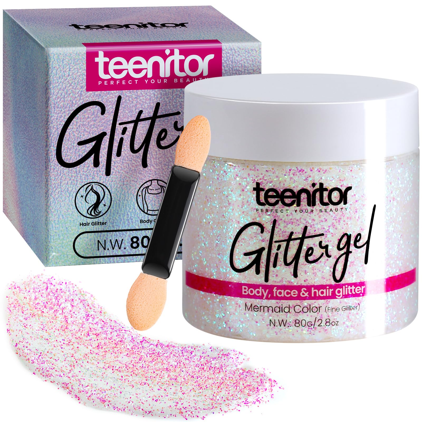 Teenitor holographic white bottle front view showing labeling and size benefit