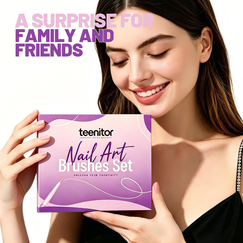 Teenitor nail art in-progress scene showing brushes and dotters creating detailed design