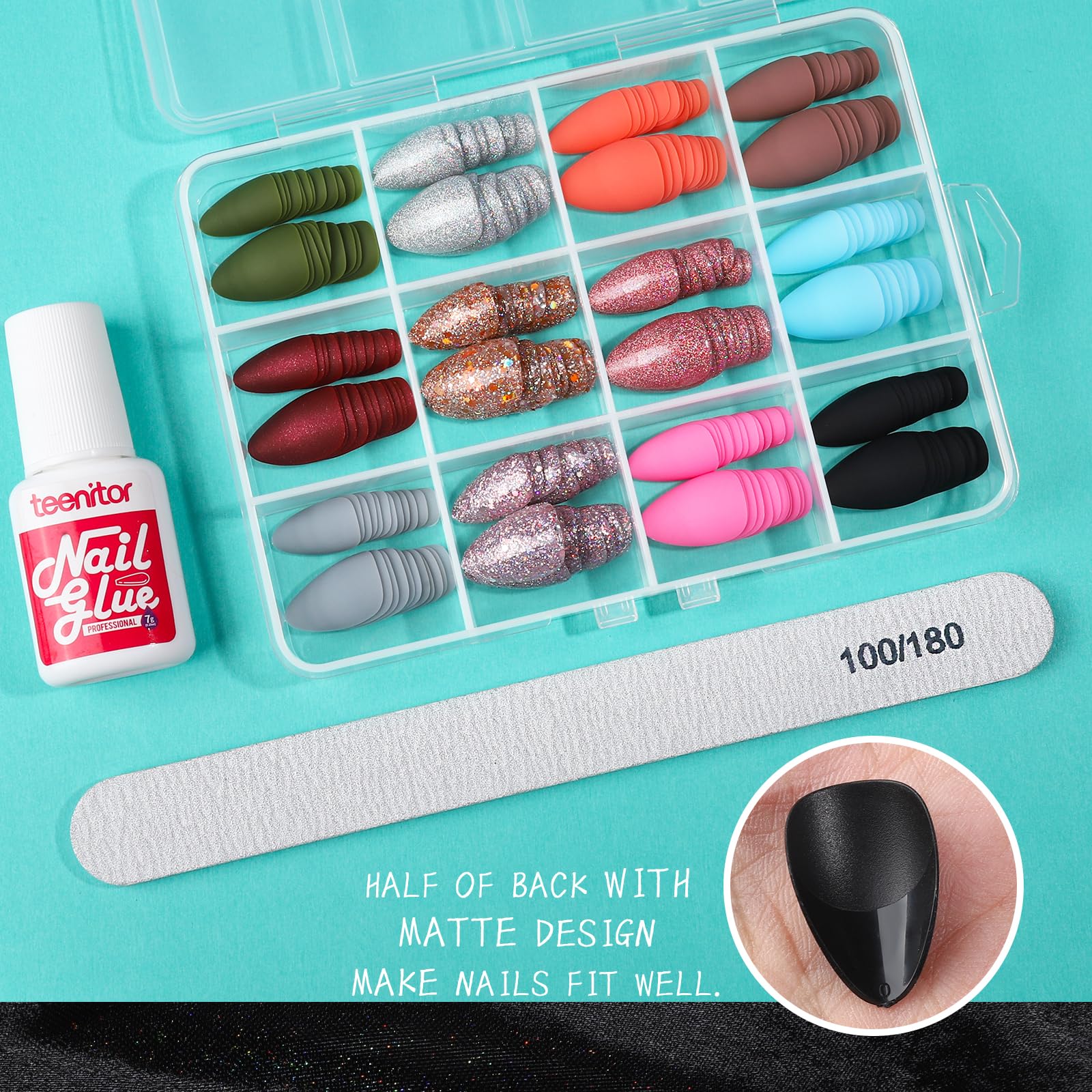 Teenitor matte and glitter array displaying color variety for mix-and-match styles