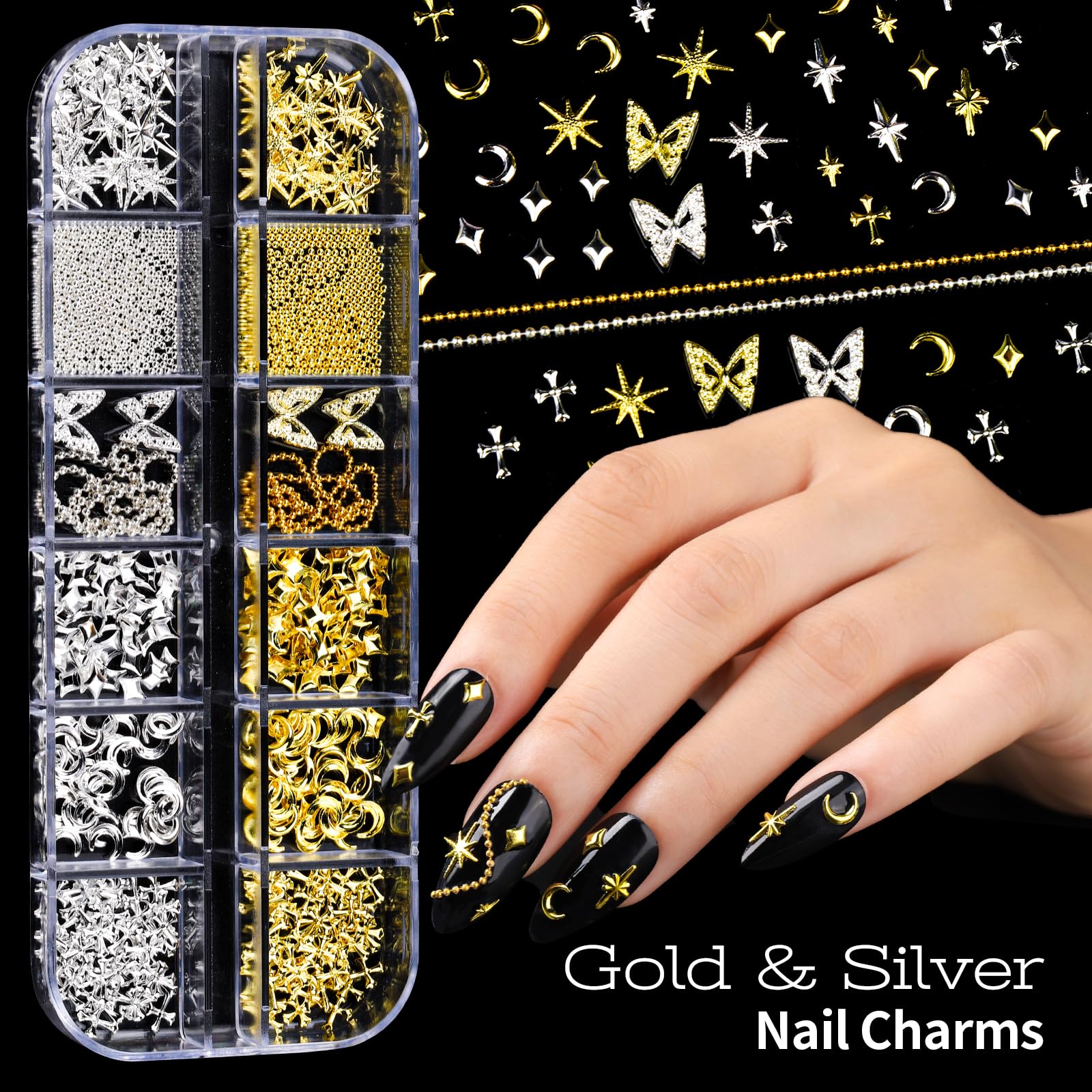 Teenitor metallic gold and silver charms with chains for layered nail textures