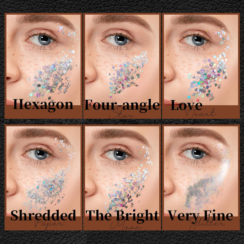 Model wearing Teenitor glitter on eyes and cheeks for festival-ready reflective shine
