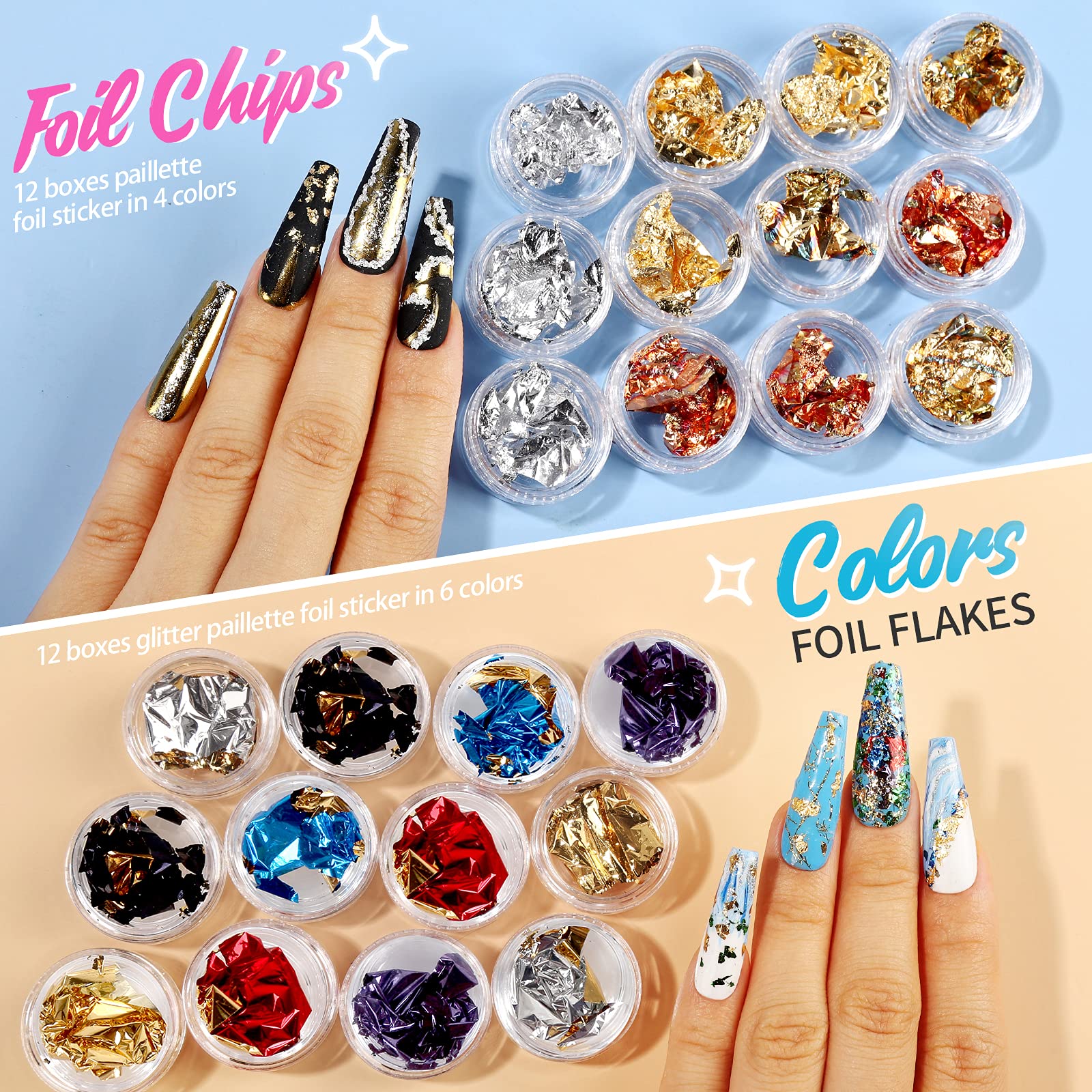 Teenitor nail flakes color array displayed to show variety and mix possibilities benefit