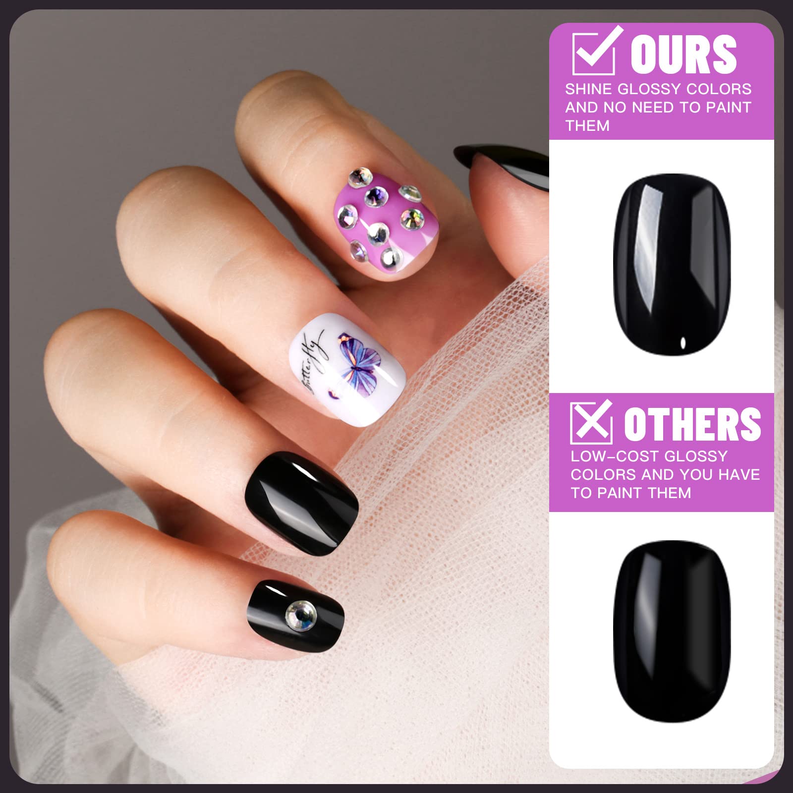 Teenitor nails on model hands showing short round manicure that elongates fingers