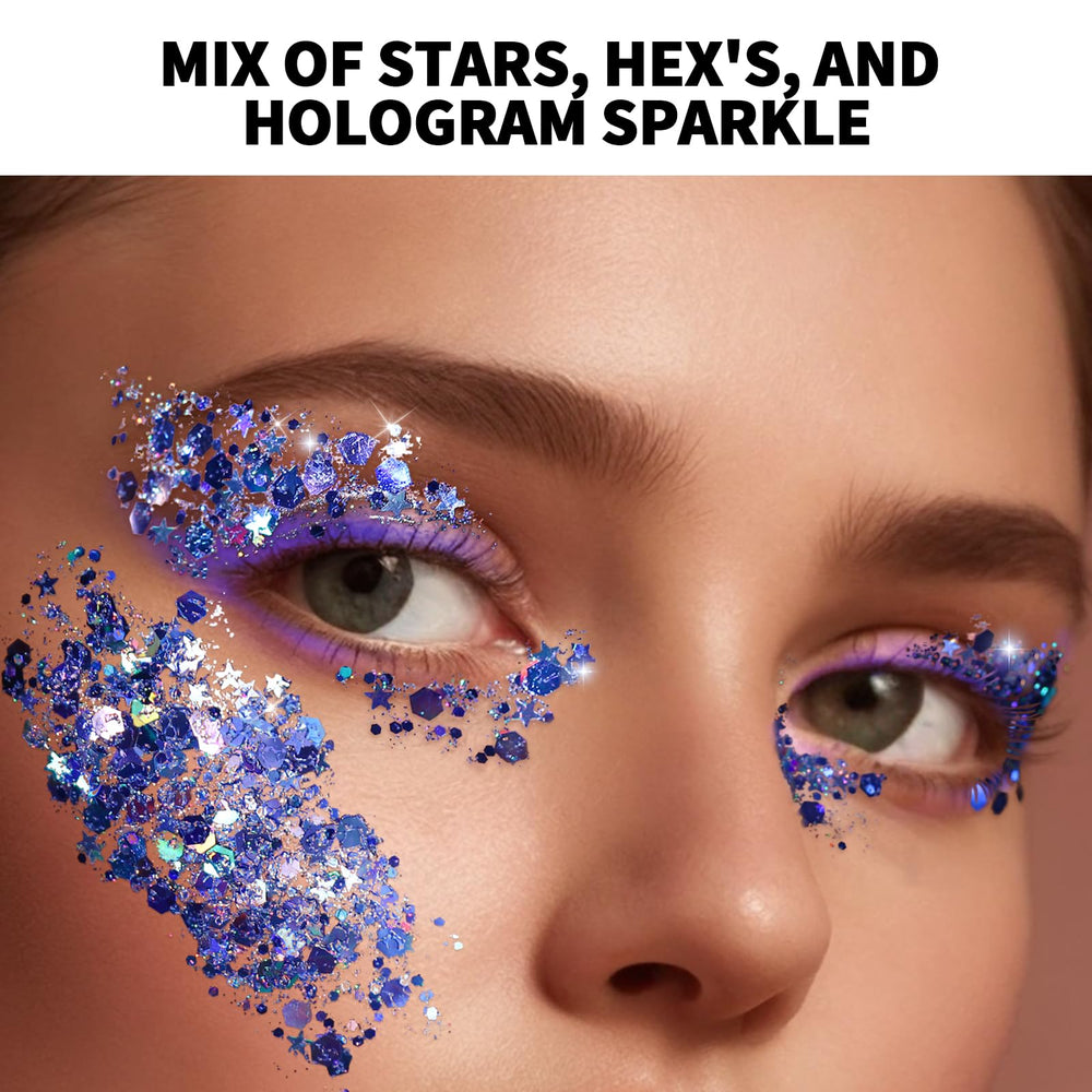 Teenitor on model wearing festival face glitter showing long-lasting vibrant shine