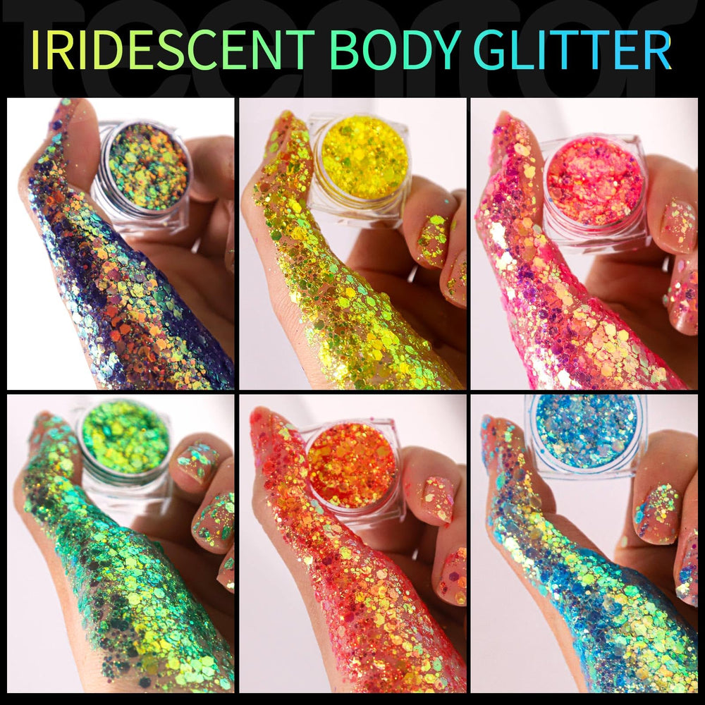 Teenitor open pots displaying twelve holographic colors for creative makeup looks