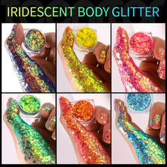 Teenitor open pots displaying twelve holographic colors for creative makeup looks