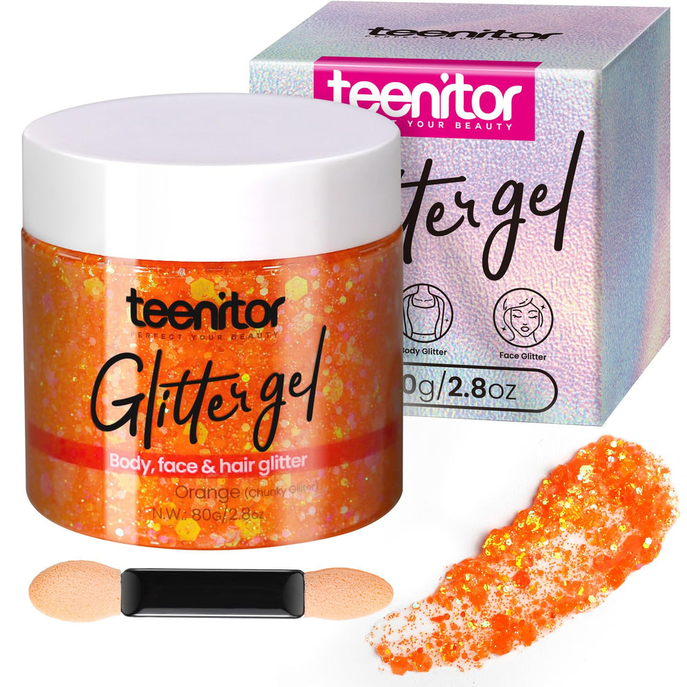 Teenitor jar front view showing bright orange glitter and label benefits