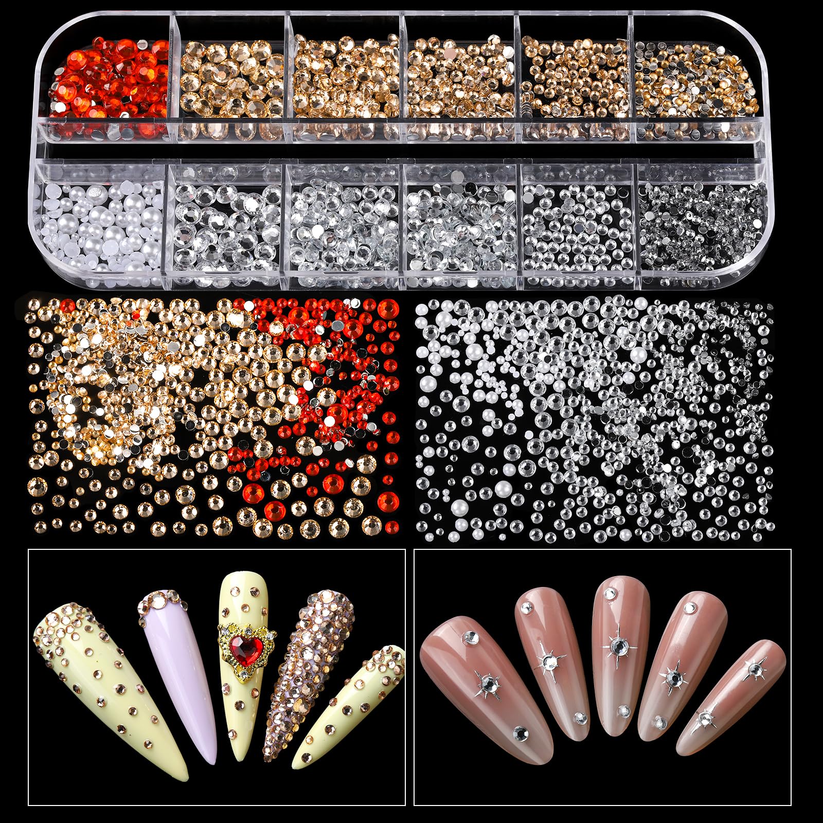 Teenitor rhinestones and pearls arranged to show size variety and design flexibility