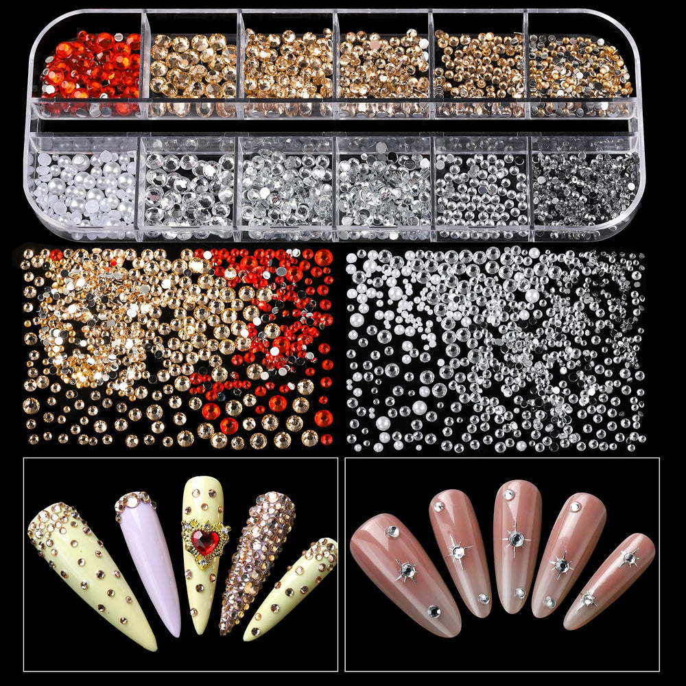 Teenitor rhinestones and pearls arranged to show size variety and design flexibility