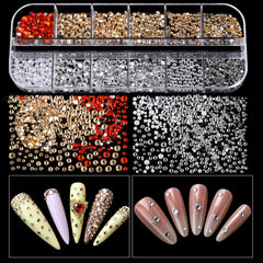 Teenitor rhinestones and pearls arranged to show size variety and design flexibility