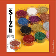 Teenitor open tins close-up displaying fine glitter powder for precise nail work