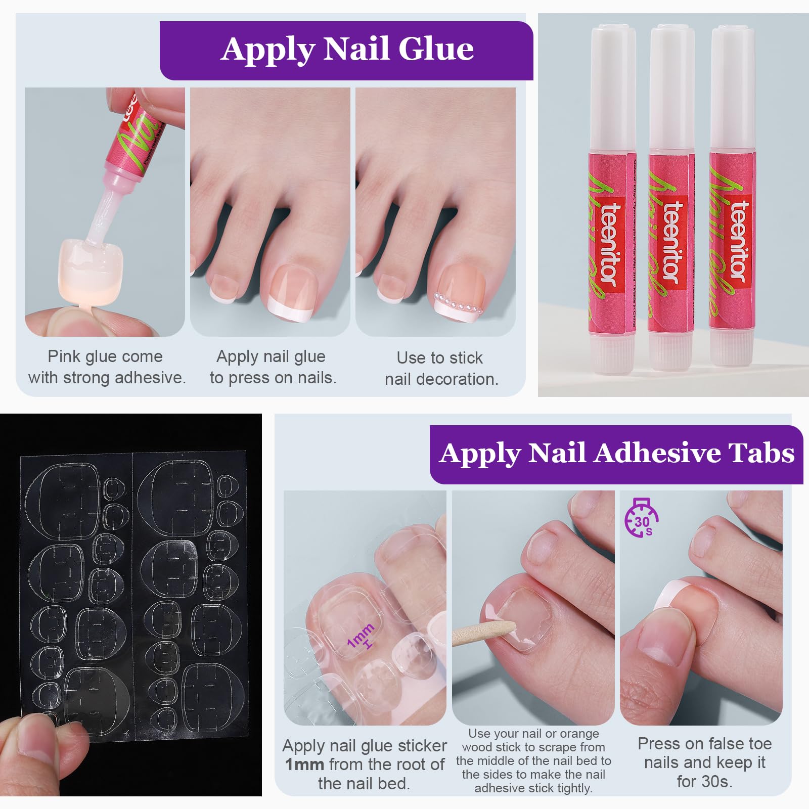 Teenitor tools and adhesives laid out showing glue, tabs, files for prep