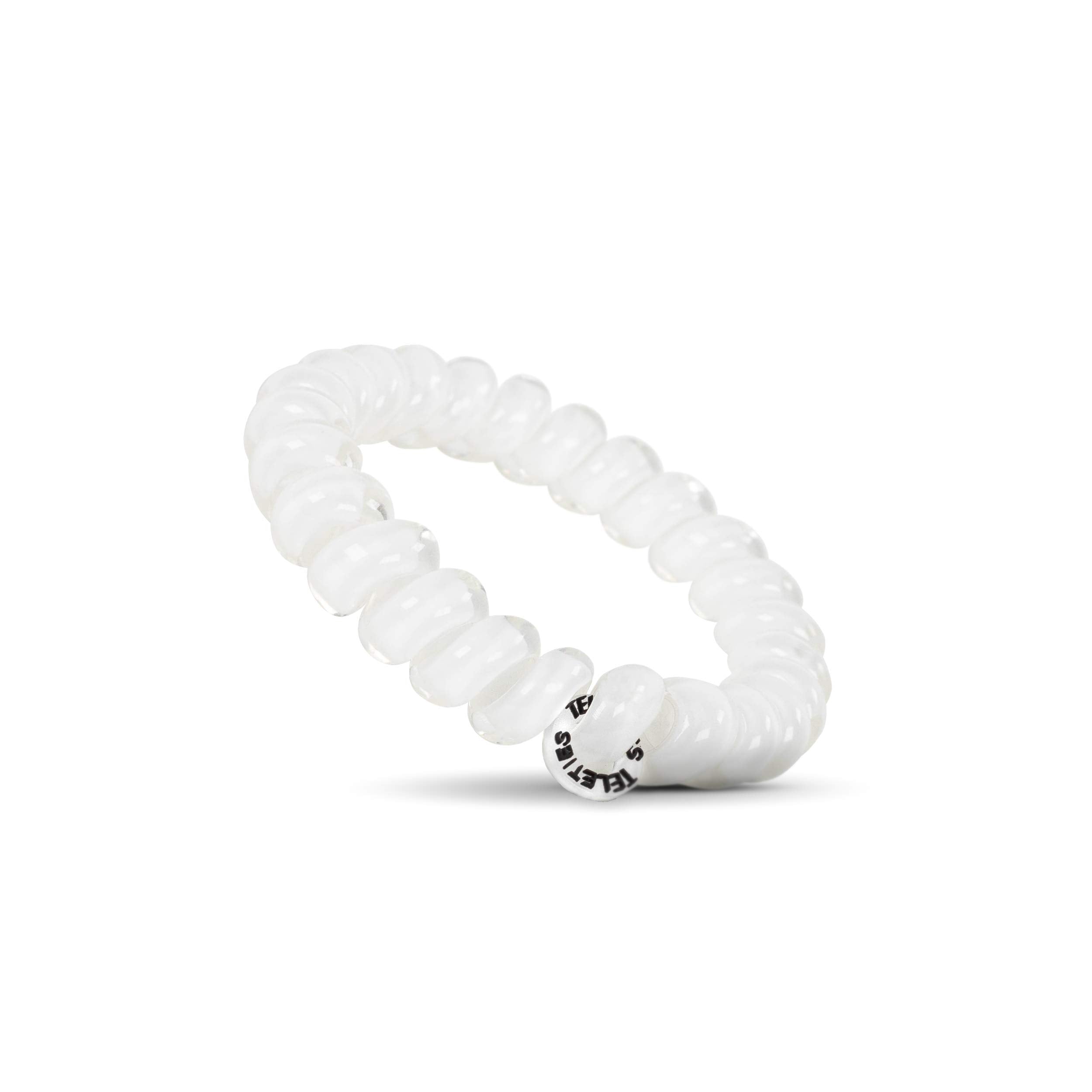Teleties coconut white in hair ponytail demonstrating secure hold for active movement