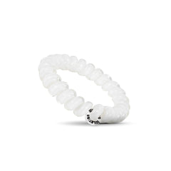 Teleties coconut white in hair ponytail demonstrating secure hold for active movement
