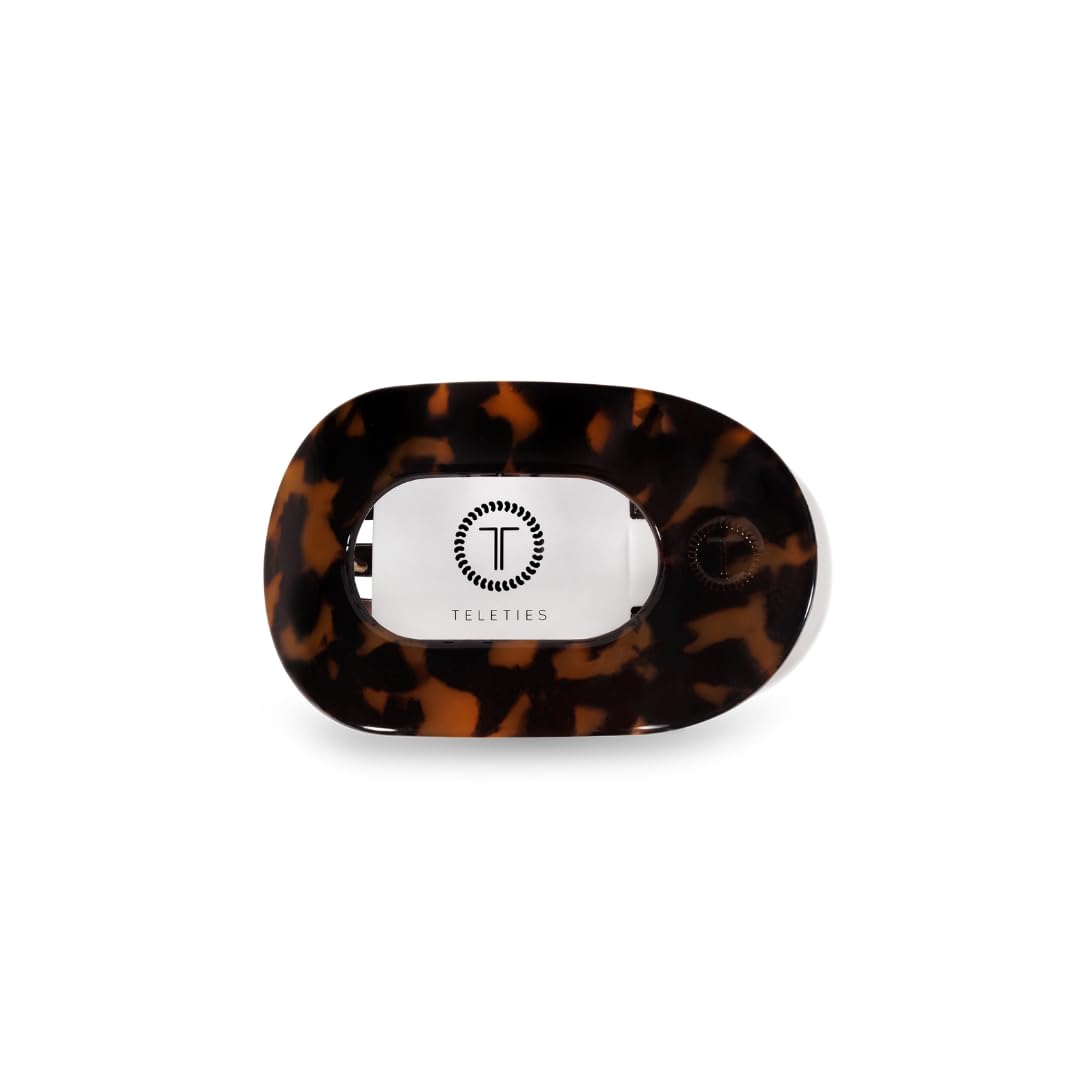 TELETIES small flat round clip front view showing tortoise finish and secure grip