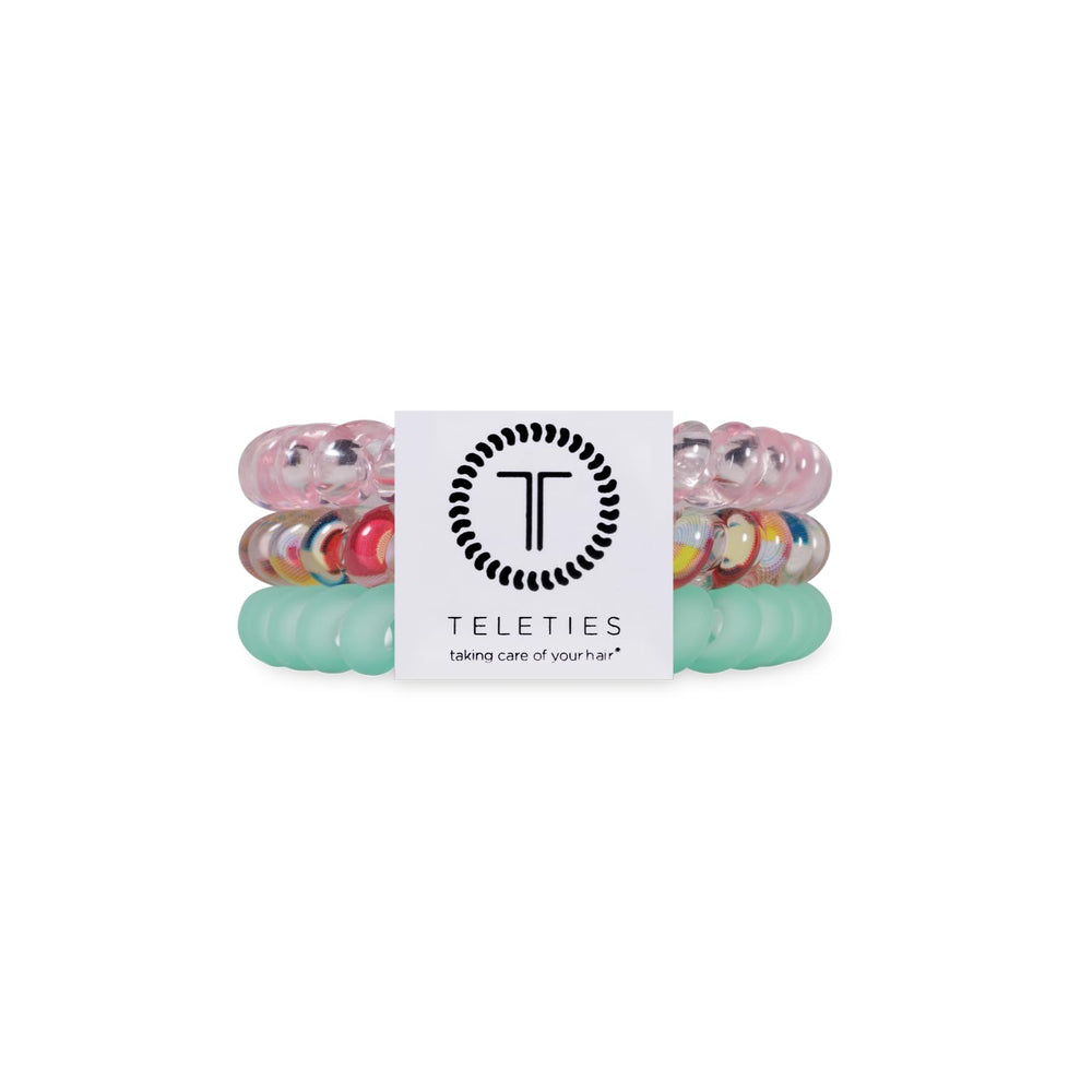 Teleties front packaging Spring Splash showing three colorful coils and benefits