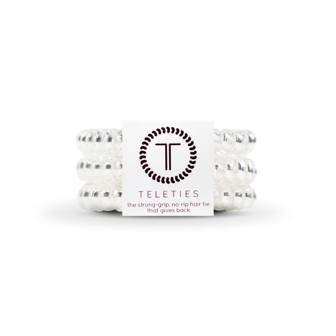 Teleties front packaging showing three crystal clear coils and easy-grip benefit