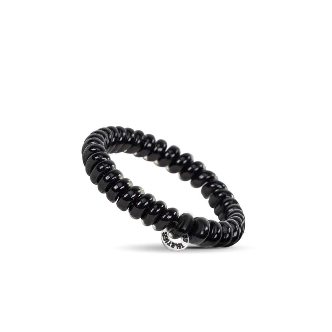 Teleties jet black worn in a ponytail demonstrating secure no‑slip hold