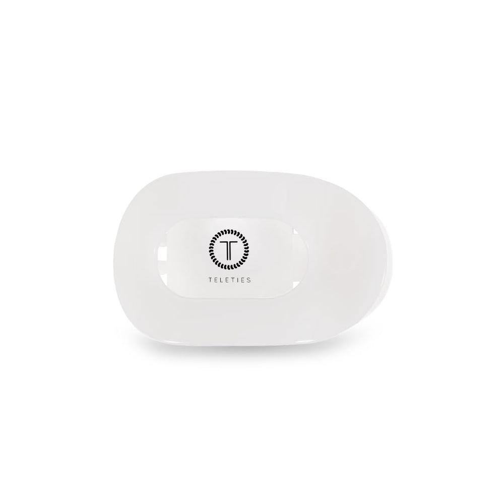 TELETIES medium flat round clip front packaging showing coconut white finish and durable design