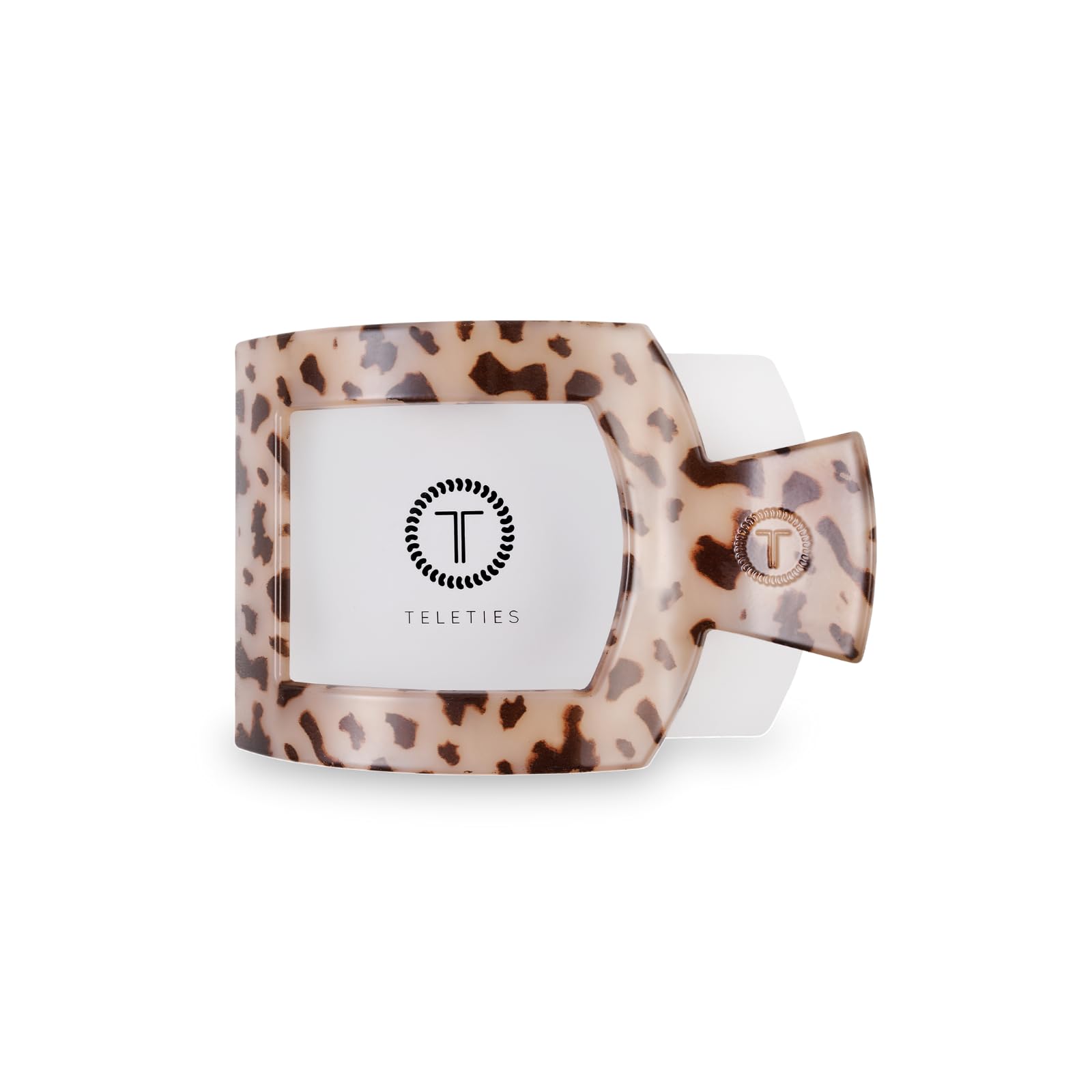 Teleties medium flat square clip front packaging showing tortoise color and compact profile for comfort