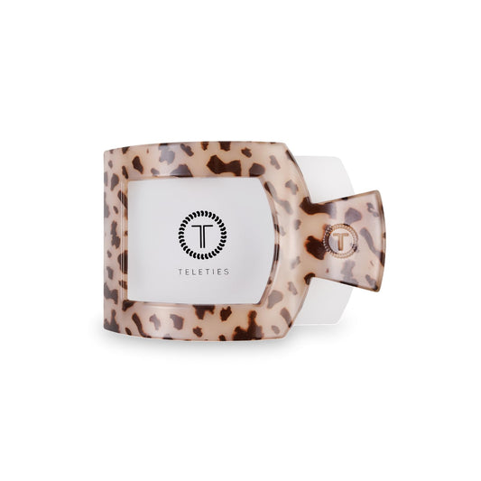 Teleties medium flat square clip front packaging showing tortoise color and compact profile for comfort