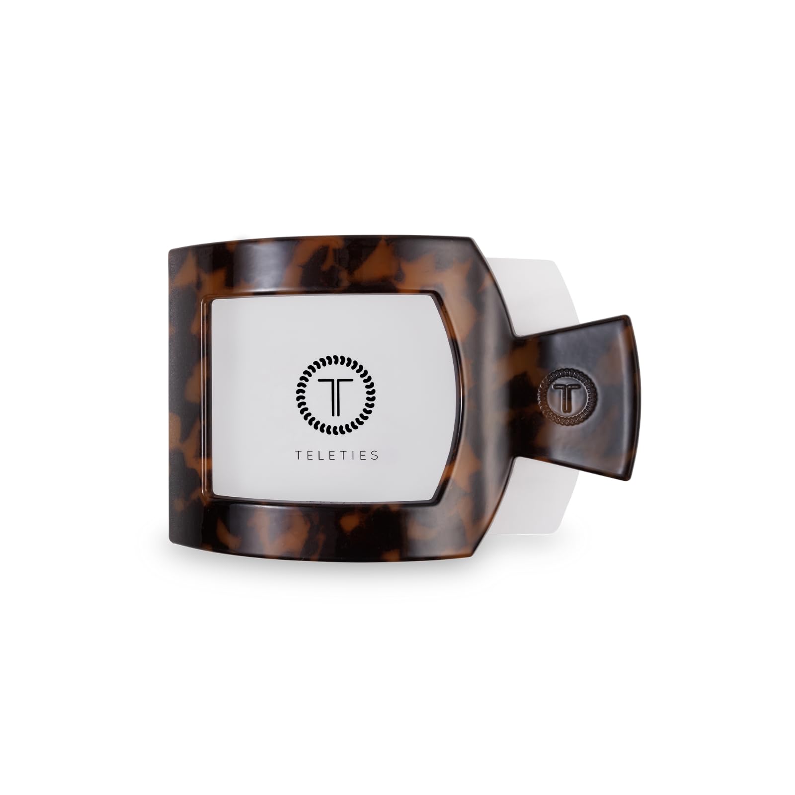 TELETIES medium flat square clip front view showing tortoise finish and secure hold