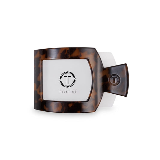 TELETIES medium flat square clip front view showing tortoise finish and secure hold