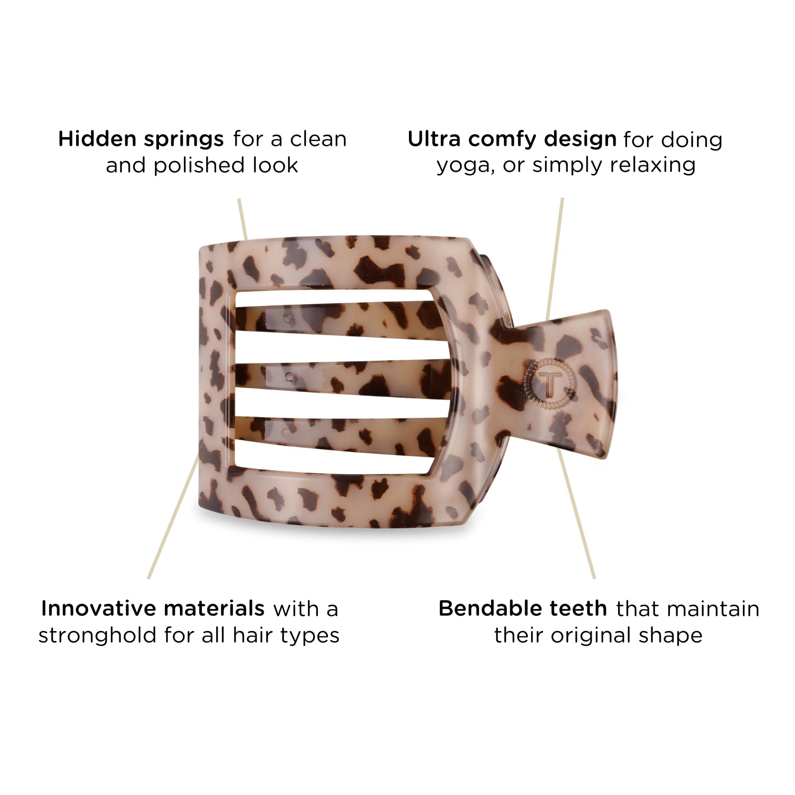 Teleties medium flat square clip worn in medium hair during yoga showing secure hold and flexibility