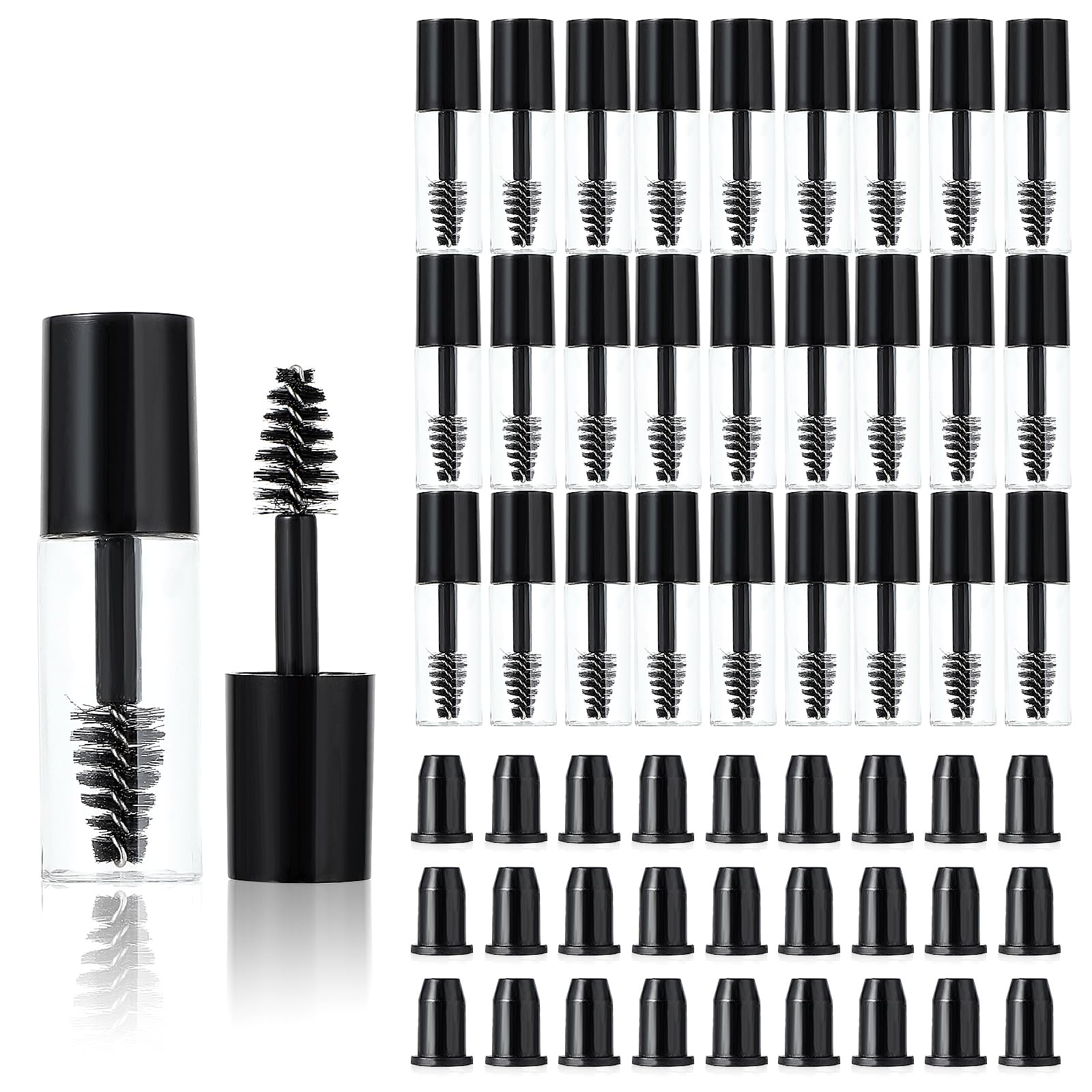 Telooco front packaging showing 27 black mascara tubes and wands, travel-ready convenience