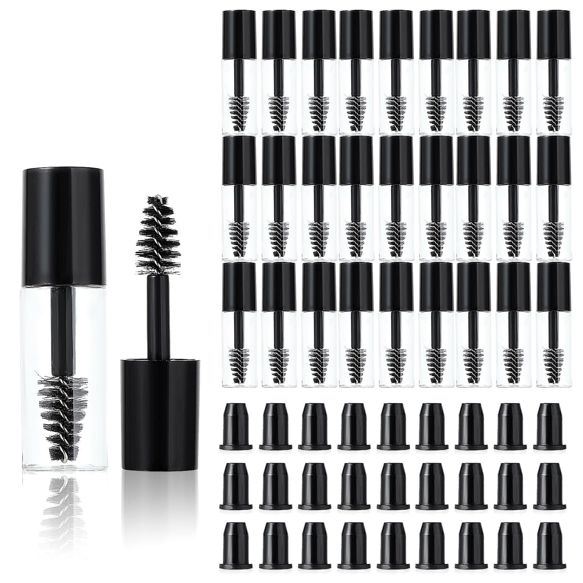 Telooco front packaging showing 27 black mascara tubes and wands, travel-ready convenience
