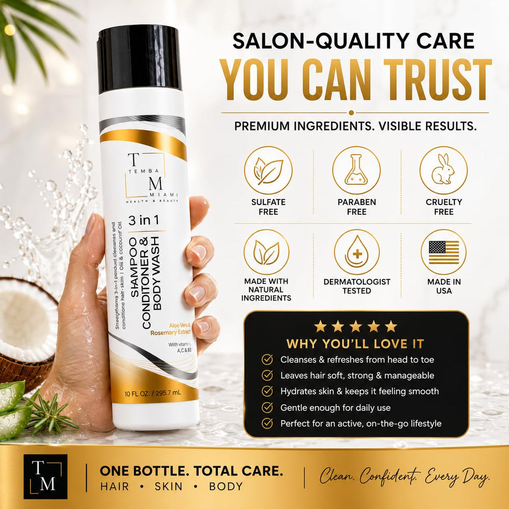 TEMBA MIAMI in-shower use with person rinsing hair showing convenience benefit