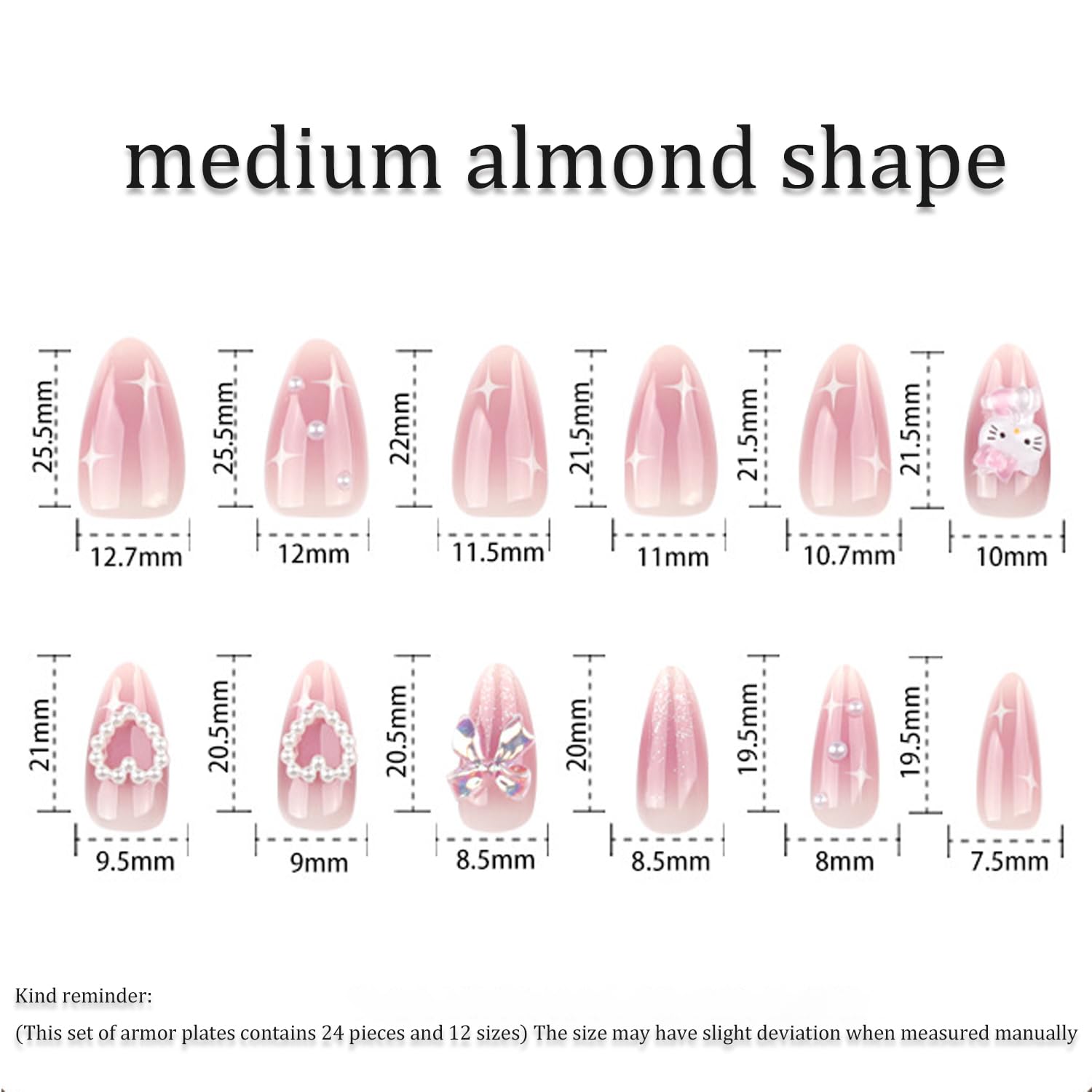 Temote hand showing size comparison of medium almond nails for accurate fitting