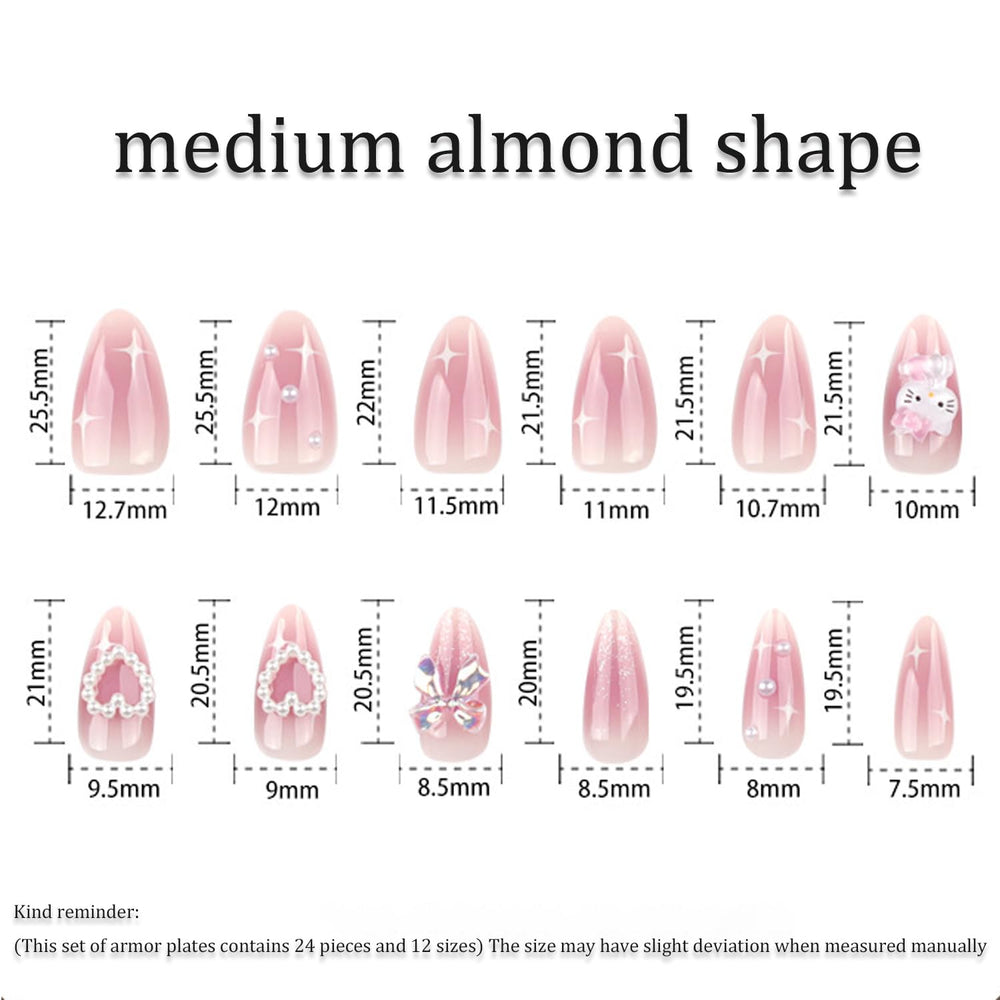 Temote hand showing size comparison of medium almond nails for accurate fitting