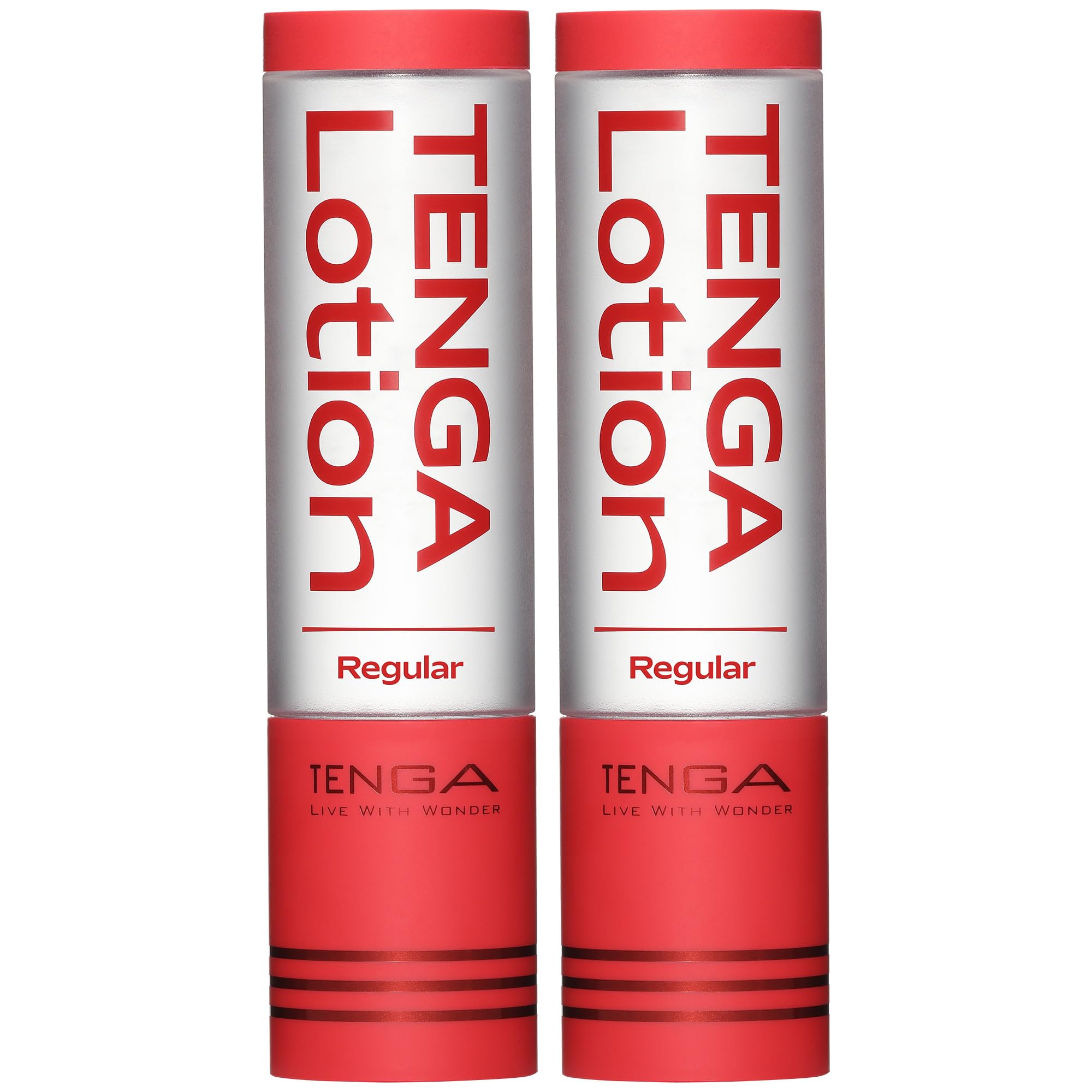 TENGA front packaging showing two red bottles and clear label for quick identification and value