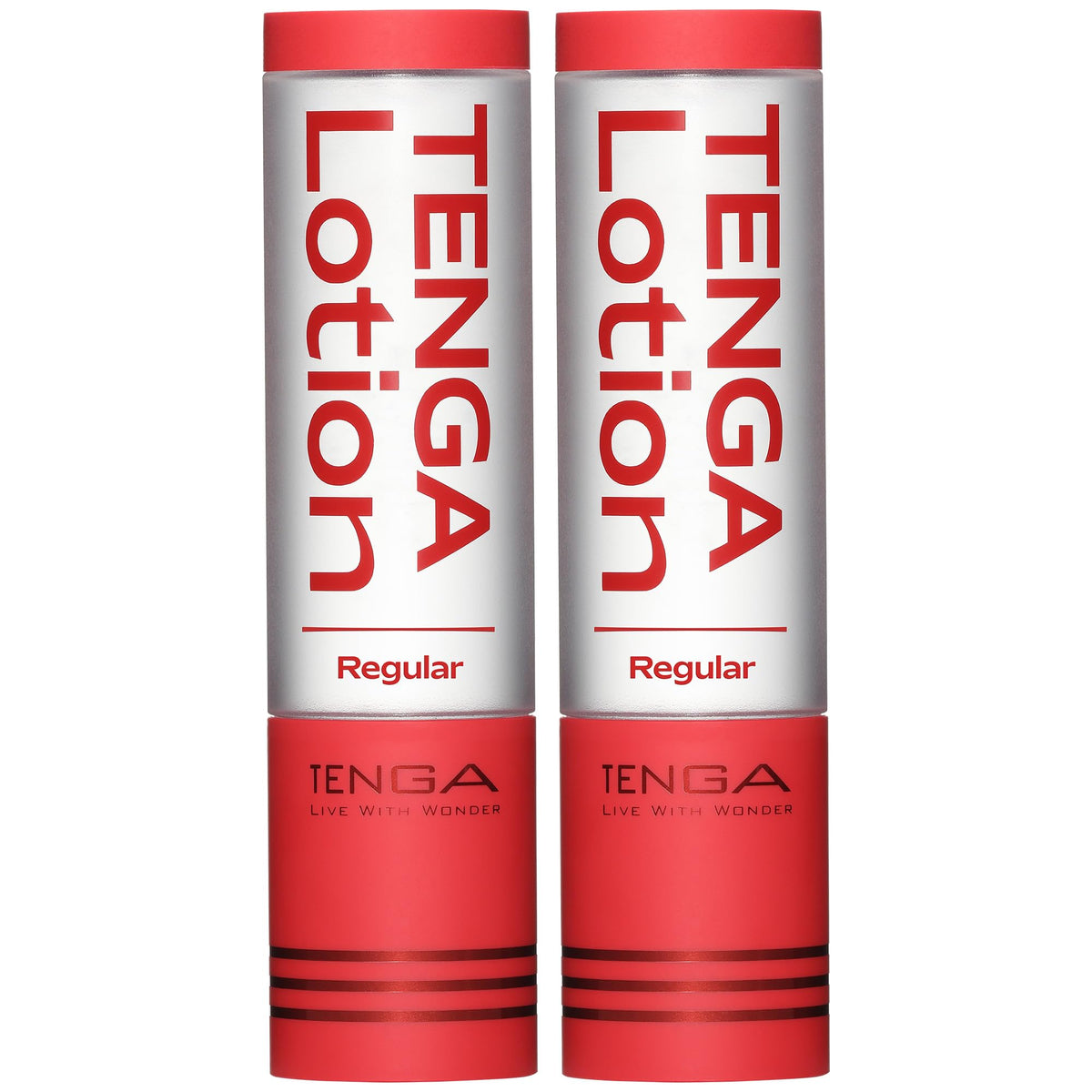 TENGA front packaging showing two red bottles and clear label for quick identification and value