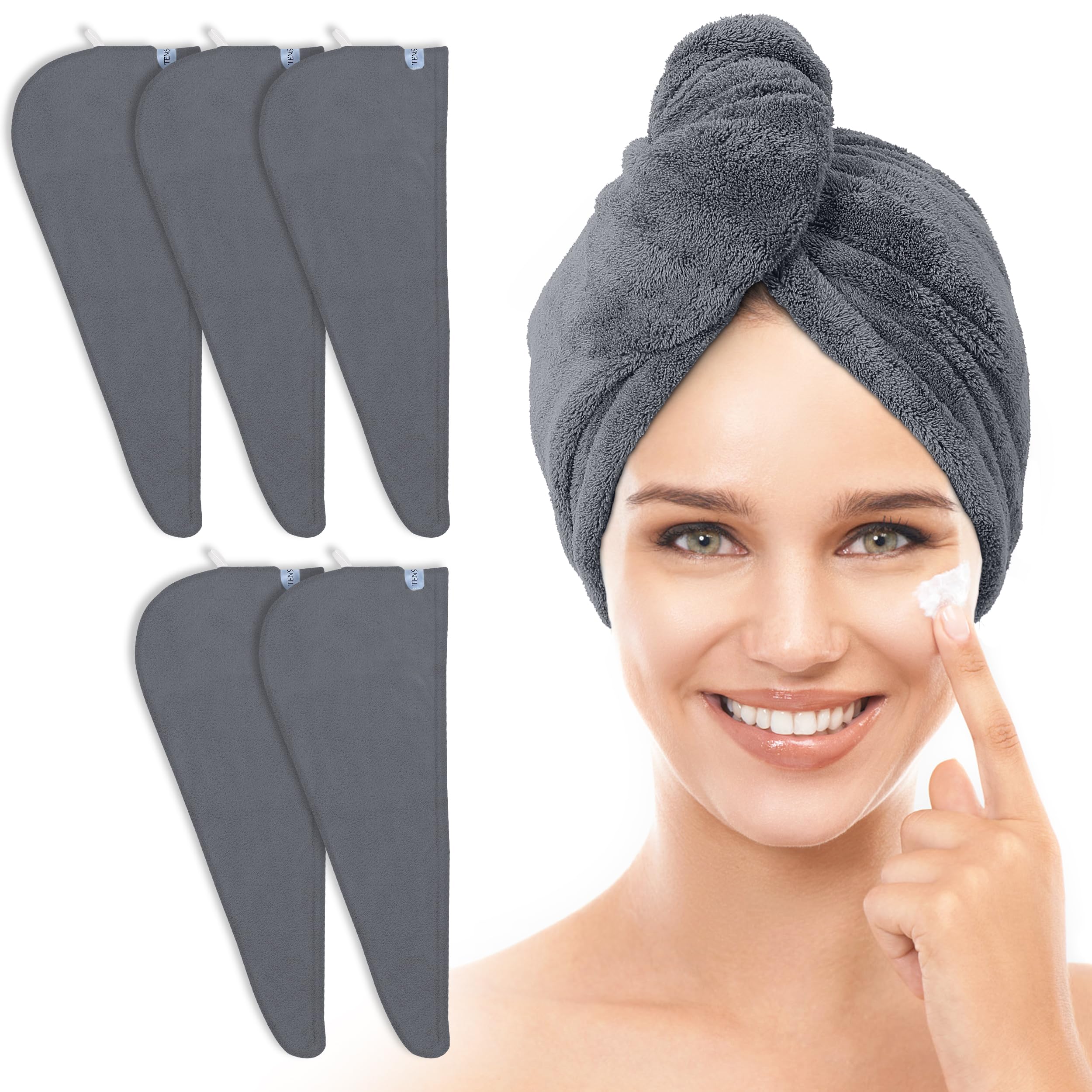 TENSTARS front view of five dark grey towel wraps showing compact packaging and convenience
