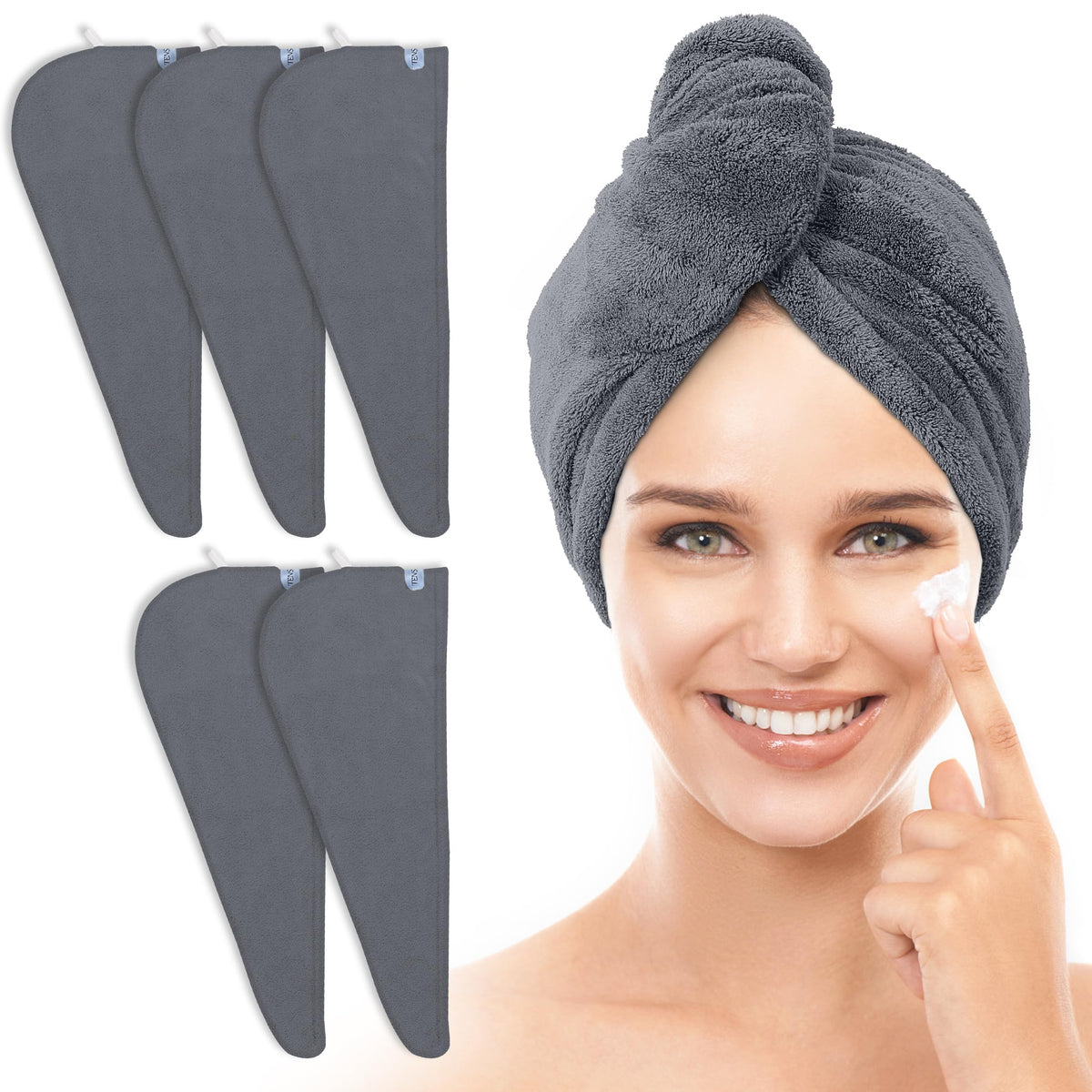 TENSTARS front view of five dark grey towel wraps showing compact packaging and convenience