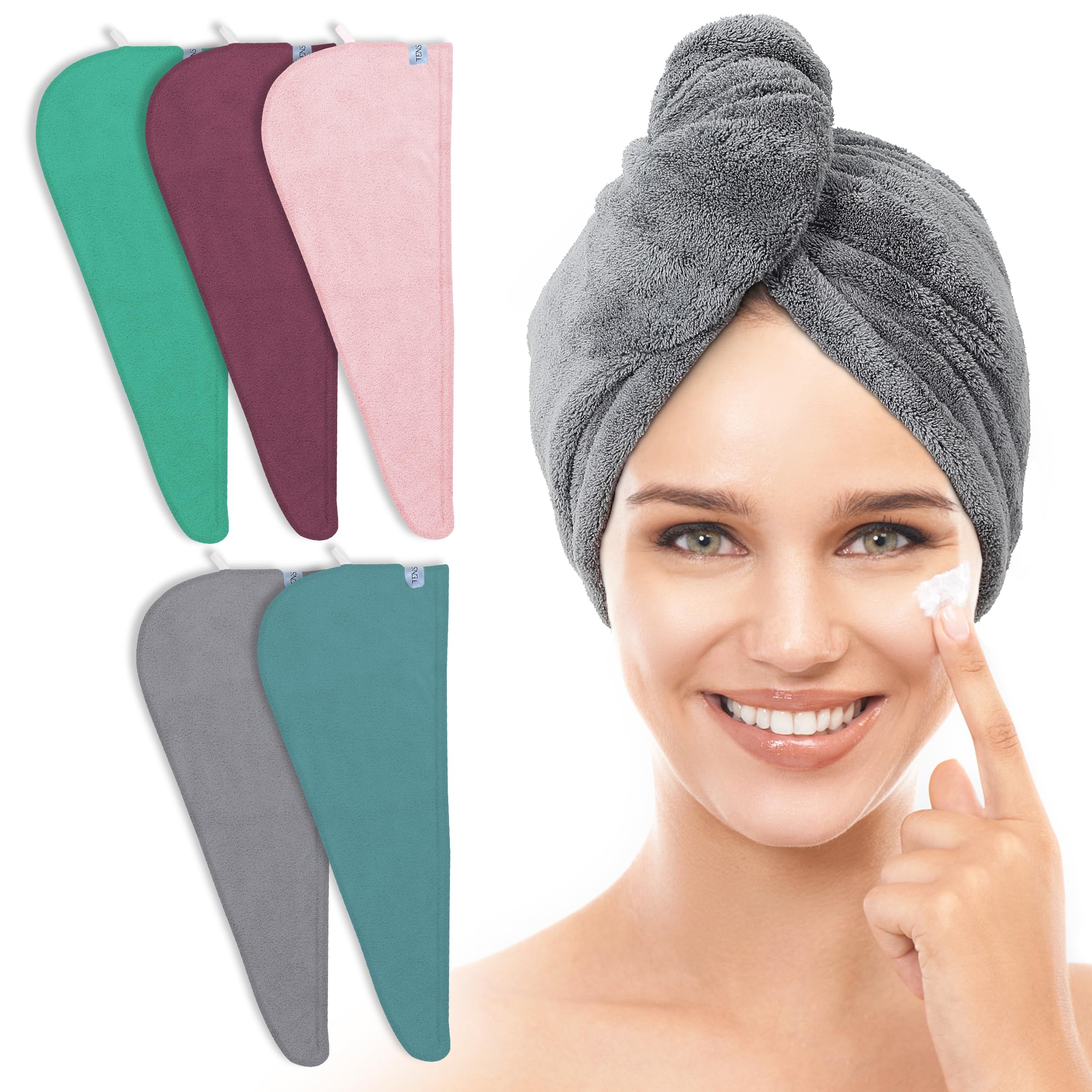 TENSTARS front view of five colored towel wraps showing included colors and packaging benefit quick rotation