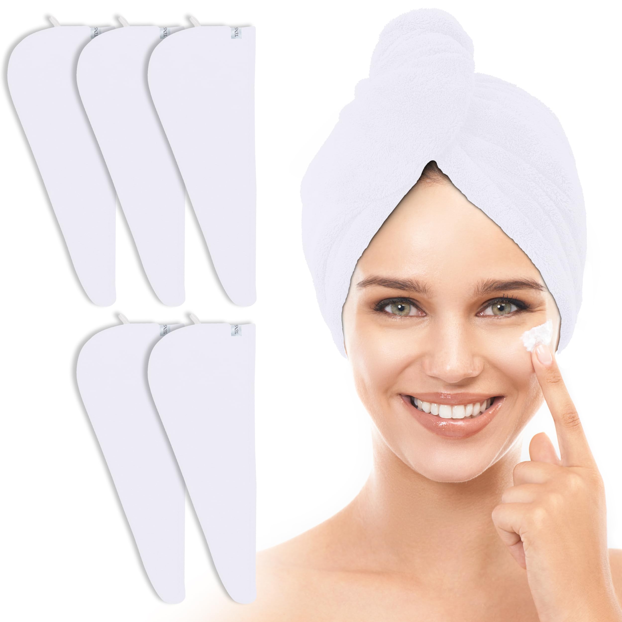 TENSTARS front view of five white towel wraps showing compact packaging and ease