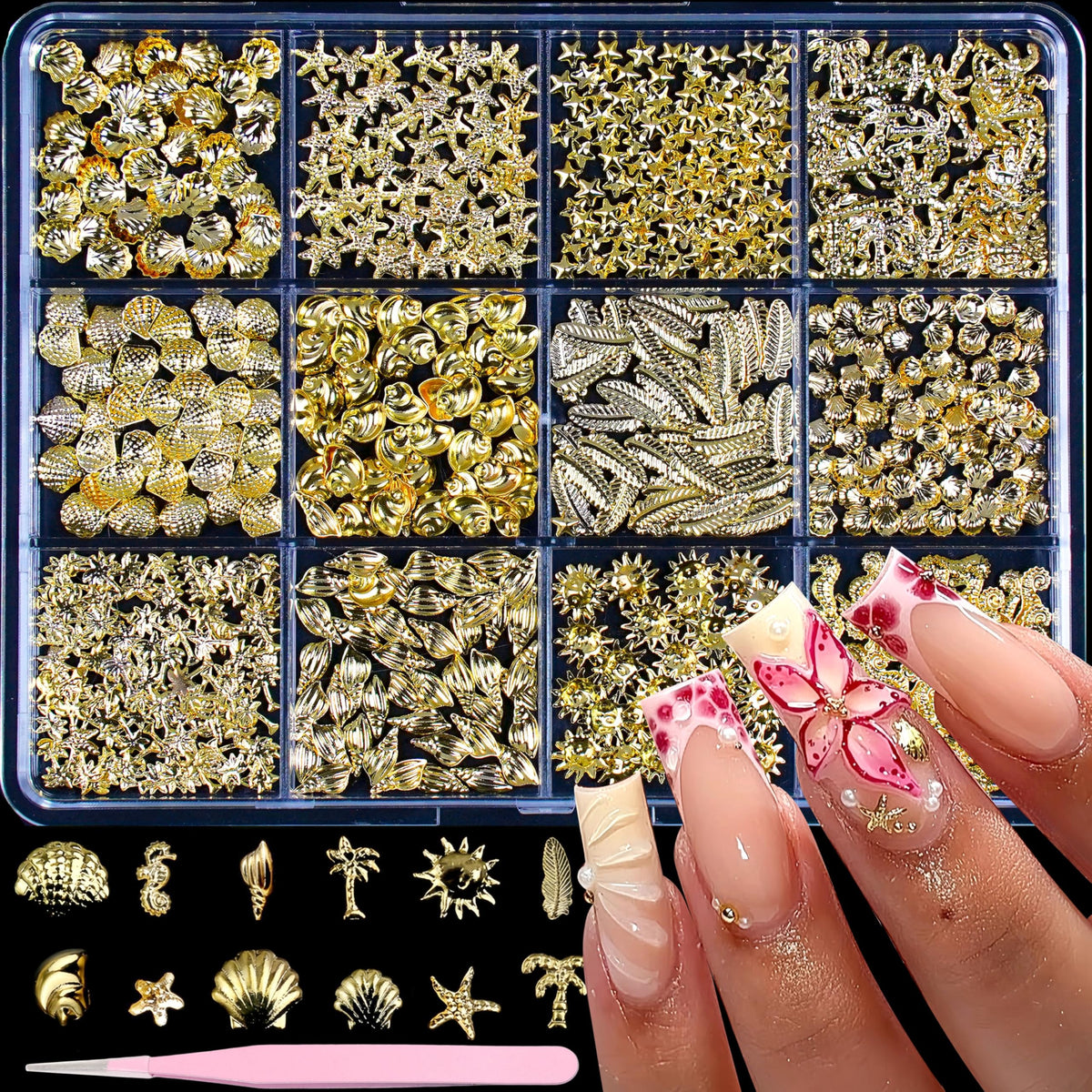 Tephrent front packaging showing mixed ocean nail charms and benefits of variety