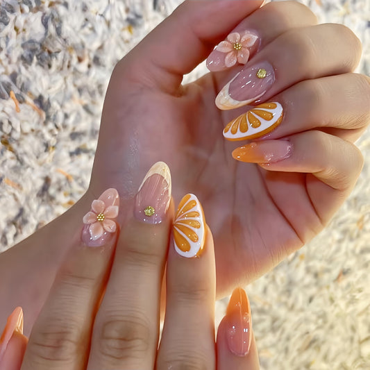 Tephrent front packaging showing 30-piece orange floral nails, easy storage benefit