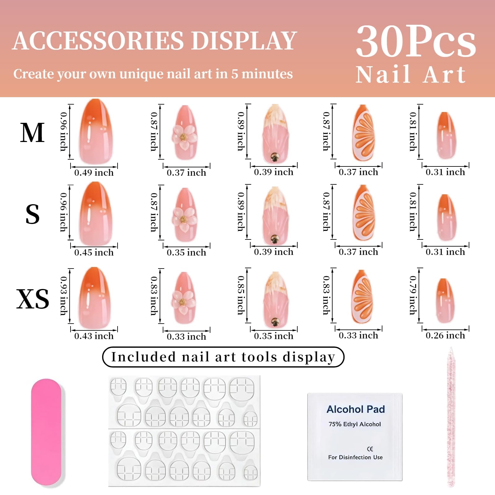 Tephrent full set of 30 nails laid out to show size variety and ready-to-use convenience