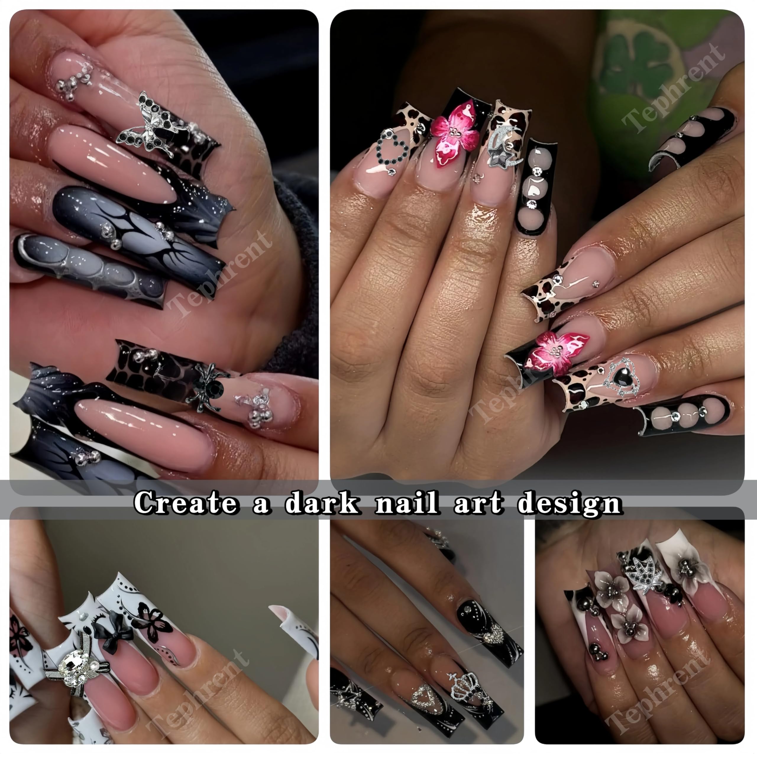Tephrent styled hand manicure in studio lighting highlighting dramatic goth nail art possibilities