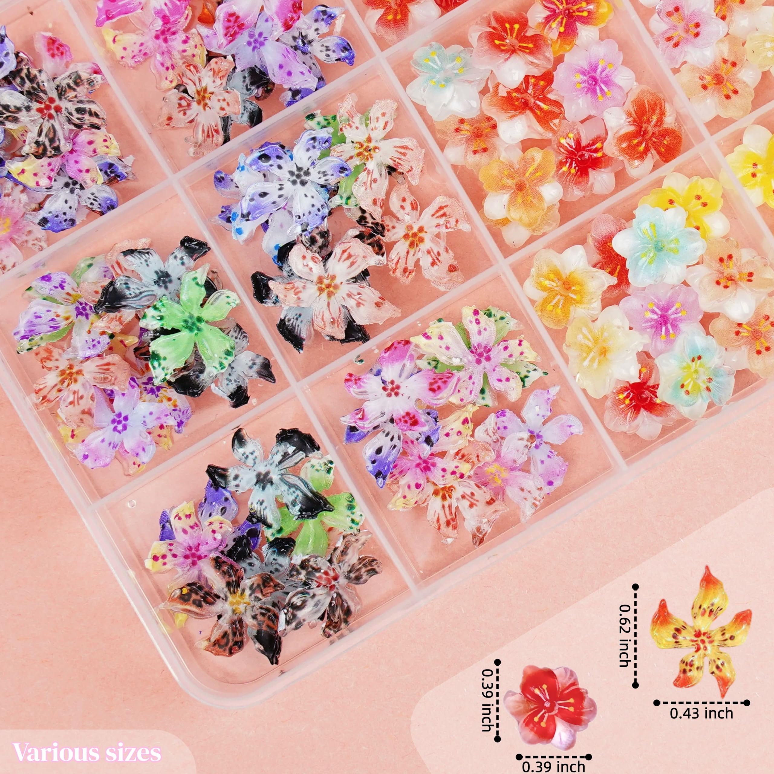 Tephrent top view of 12-grid tray displaying mixed-color floral charms