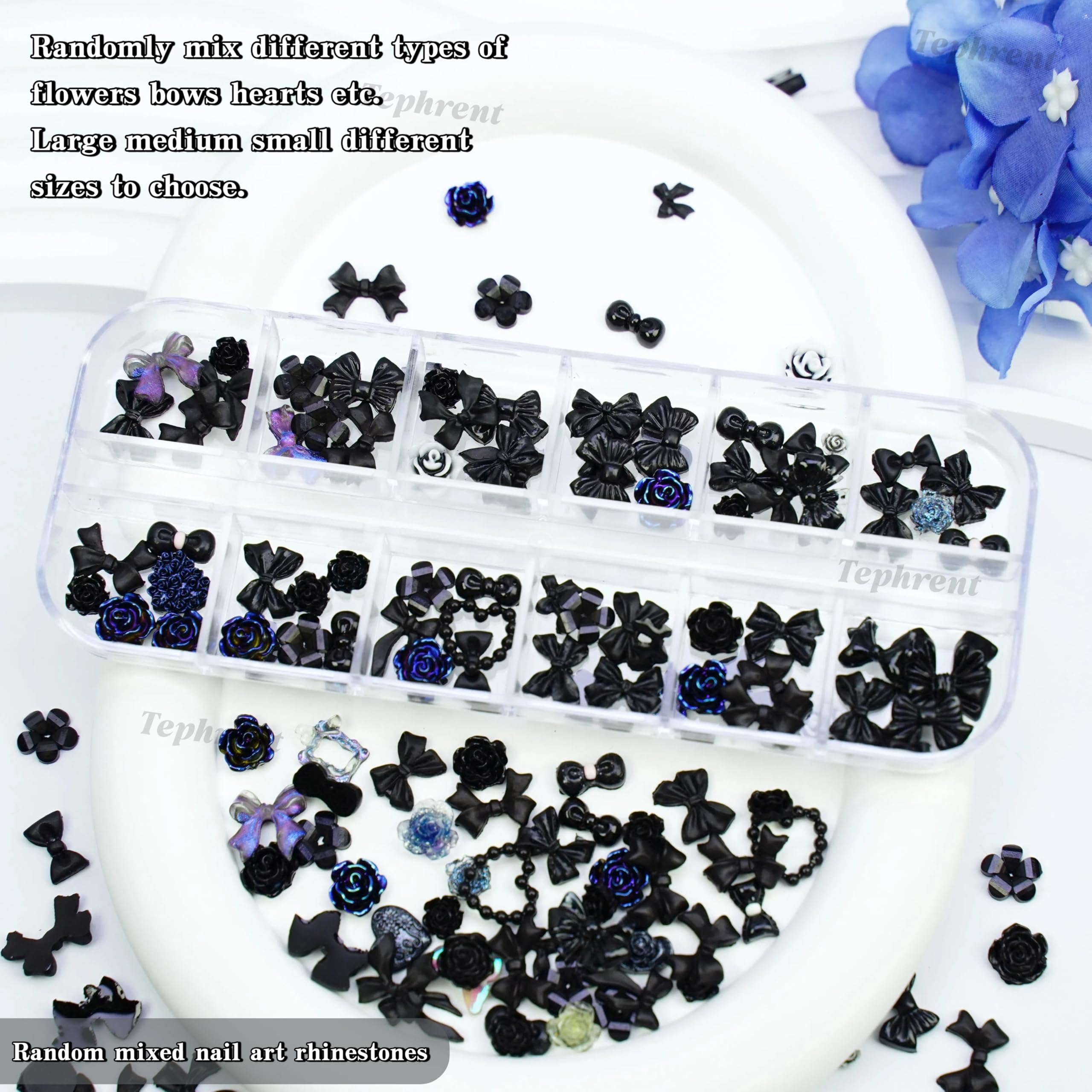 Tephrent tweezers lifting a tiny bow charm for precise placement and neat nail application