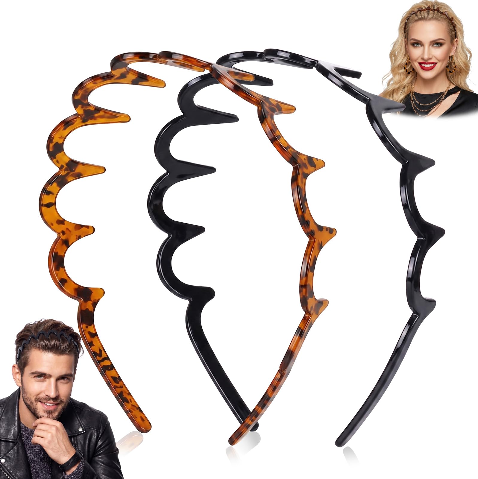 Tepoobea front view of black and tortoise headbands showing shape and color for styling