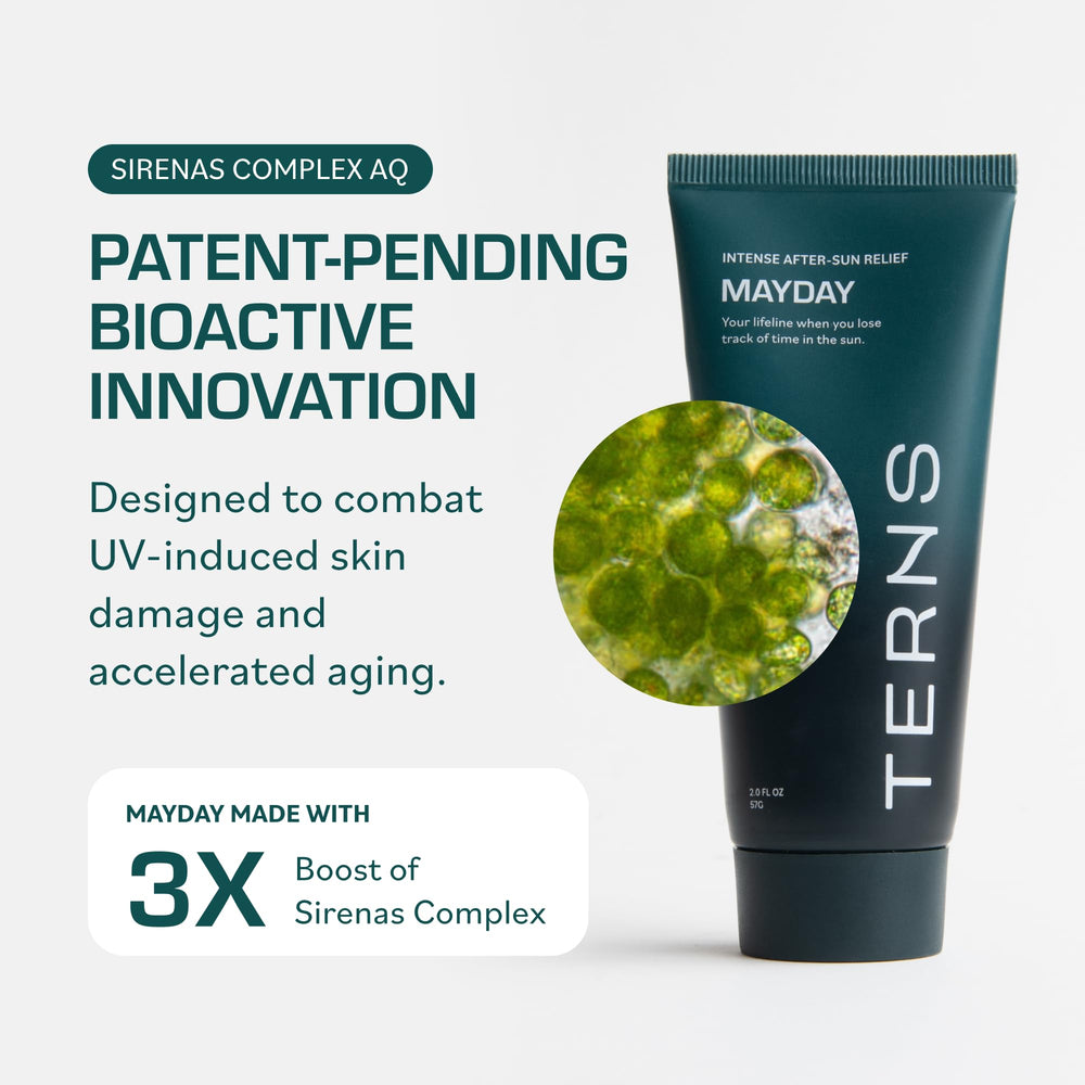 TERNS Mayday tube and cap beside moisturizing cream indicating lightweight hydration