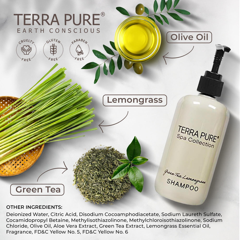 Terra Pure bottle on bathroom tray enhancing tidy guest presentation